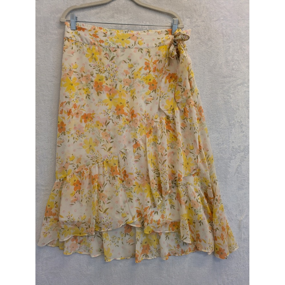 Lauren‎ Conrad Floral Wrap Midi Skirt Yellow Orange Pink Ruffle Size L NWT